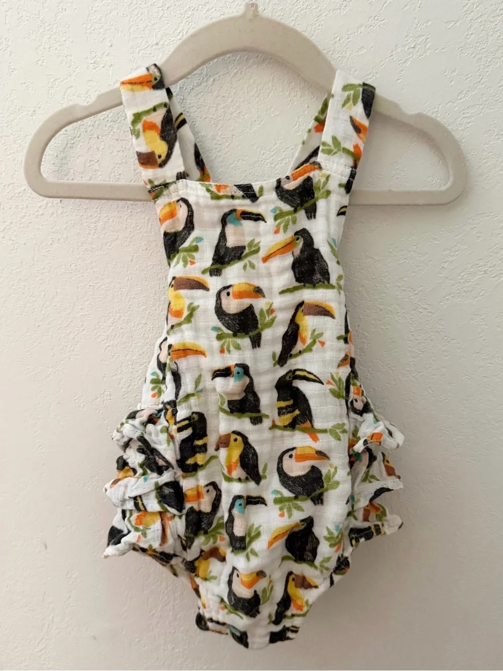 Baby Toucan Print Ruffled Romper - White, Black, Yellow